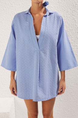 Trendyolmilla Mavi Mini Dokuma Gomlek Yaka Brode Plaj Elbisesi TBESS25EL00023 фото 3