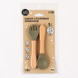 Набор детский столовых приборов, вилка и ложка M&B, силикон, бамбук, зеленый