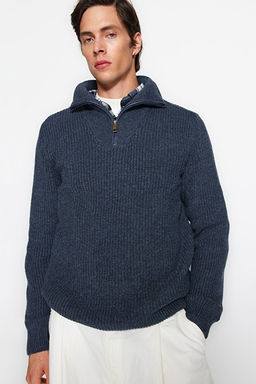 Indigo Regular Fit Y_nl_ Fermuarl_ Bal_k__ Yaka Triko Kazak TMNAW22KZ0347