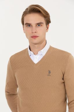 U. S. Polo Assn Мужской вязаный свитер светло-коричневого цвета с v-образным вырезом меланжевого цвета - U.s. polo assn фото 4