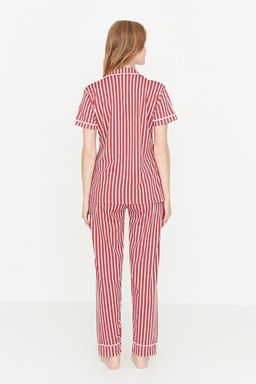Trendyolmilla Pembe Cizgili Hayvan Bask?l? Gomlek-Pantolon Orme Pijama Tak?m? THMSS21PT0878
