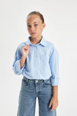 K?z Cocuk Oversize Genis Kal?p Poplin Uzun Kollu Okul Gomlegi