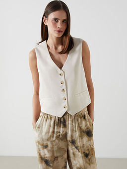 V Yaka Keten Kar???ml? Kad?n Klasik Yelek