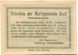 Банкнота 50 геллеров 1920 года Австрия  Рааб (нотгельд)