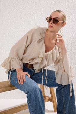 Bej F?rf?rl? Bohem Ince Pamuklu Kumas Uzun Kol Dokuma Bluz TWOSS25BZ00551