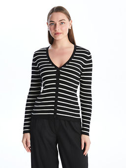 V Yaka ?izgili Uzun Kollu Kad?n Triko H?rka