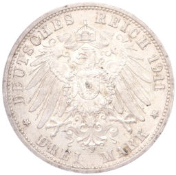 3 марки 1911 года F Германия (Вюртемберг) 25 лет свадьбе Вильгельма II и Шарлотты