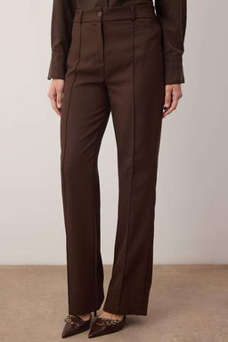 Koyu Kahverengi Straight/Duz Kesim Yuksek Bel Nervur Dikisli Dokuma Pantolon TWOSS21PL0093