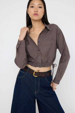 Teen Kahverengi Ekoseli Yanlardan Buzgulu Hafif Crop Gomlek TWOAW26GO00038