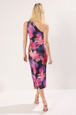 Pembe Cicek Bask?l? Tek Omuzlu Drapeli Fitted/Vucuda Oturan Esnek Orme Elbise TWOSS24EL00100