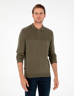 Koyu Haki Slim Fit Fermuarl_ Polo Yaka Triko Kazak