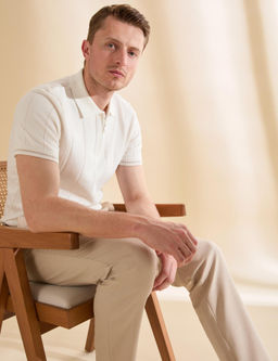 Ekru Slim Fit %100 Pamuk Fermuarl_ Polo Yaka Triko Ti__rt