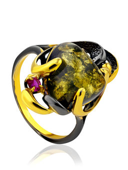 Яркое красивое кольцо Помпадур с янтарём зелёного цвета и кристаллом