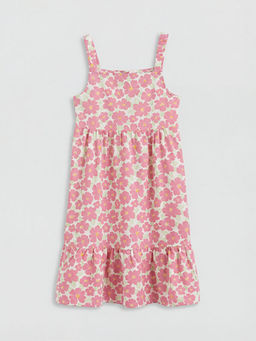 Kare Yaka ?i?ekli K?z ?ocuk Poplin Elbise