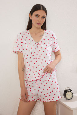Trendyolmilla Beyaz 100% Pamuklu Kalpli Dantel ve Baby Overlok Detayl? Sortlu Orme Pijama Tak?m? THMSS25PT00396  фото 2
