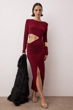 Bordo Kruvaze Yaka Cut Out/Pencere Detayl? Orme S?k Abiye Gece Mezuniyet Elbisesi TPRAW23EL00272