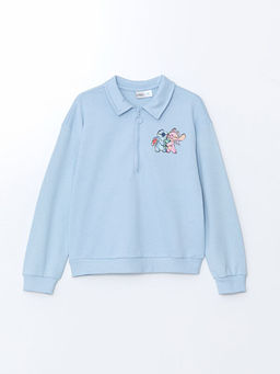 Polo Yaka Lilo ve Stitch Bask?l? K?z ?ocuk Sweatshirt