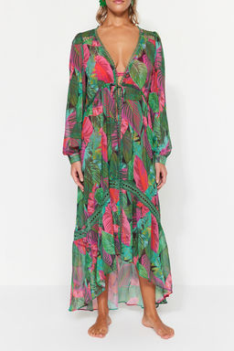 Tropikal Desenli Maxi Dokuma Serit Aksesuarl? Sifon Plaj Kimono&Kaftan TBESS23KM00002 - Trendyolmilla фото 5