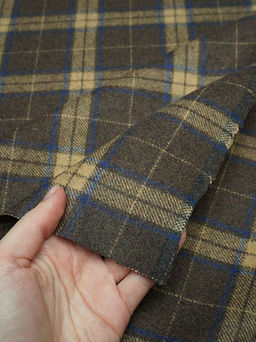 Шерсть пальтово-костюмная Твид Клетка бежево-синяя на коричневом, ш.1.5м, шерсть-50%, п/э-50% - Купава фото 11