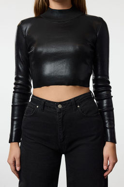 Siyah Crop Basic Varak Bask?l? Triko Kazak TWOAW25KZ00156 - Trendyolmilla фото 4