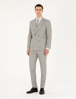 Gri Ex. Slim Fit Ekose Kruvaze Tak_m Elbise