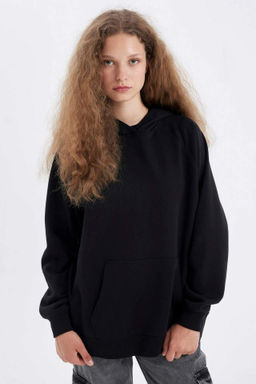 Oversize Genis Kal?p Kapusonlu Kanguru Cepli Kal?n Basic Duz Sweatshirt - Defacto фото 5