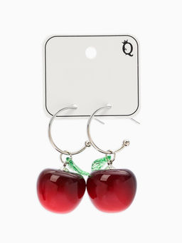 Серьги кольца «Черешня с листочком», бордовые в серебре