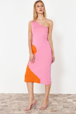 Pembe Renk Bloklu Tek Omuz Triko Elbise TWOSS24EL00462 - Trendyolmilla фото 3