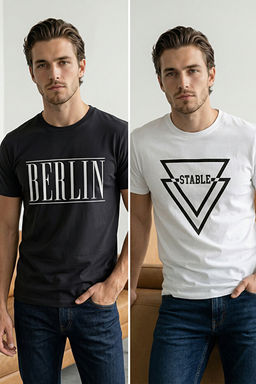 Siyah-Beyaz 2li Paket Regular/Normal Kal_p Bask_l_ %100 Pamuk T-Shirt TMNSS26TS00043
