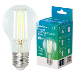 LED-A60-7W/SW/E27/230V/WF/CL GLS81TR Умная лампа светодиодная Wi-Fi+Bluetooth, диммируемая. Форма "А", прозрачная. Стеклянная колба. 2700-6500K. Голосовое управление+приложение UnielSmart. TM Uniel