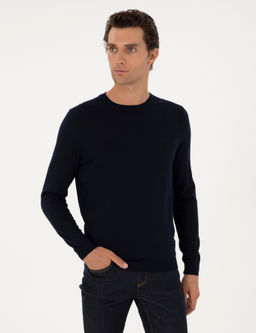 Lacivert Slim Fit Y_n Kar___ml_ Bisiklet Yaka Basic Triko Kazak