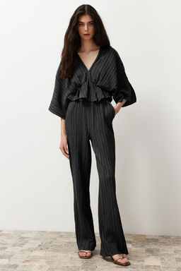 Siyah Beli Lastikli Dokulu Kumas Dokuma Pantolon TWOSS24PL00142