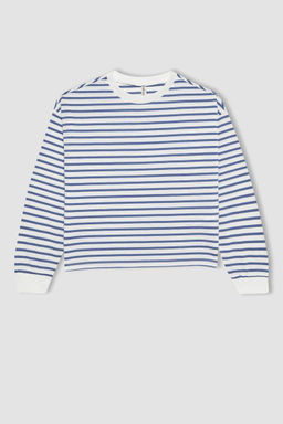 Полосатая футболка с длинными рукавами из чесаного хлопка с круглым вырезом для девочек - Defacto фото 6