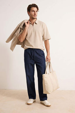 Lacivert Beli Lastikli Baggy Yazl_k Erkek Jeans TMNSS26JE00003