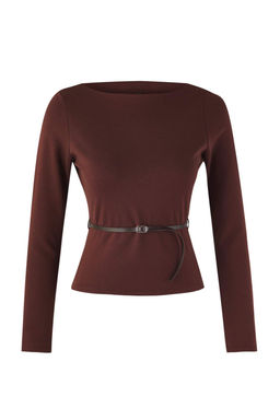 Kahverengi Kemer Detayl? Dik Yaka Uzun Kol Esnek Orme Bluz TWOAW26BZ00084