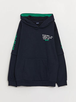 Bask?l? Uzun Kollu Erkek ?ocuk Hoodie