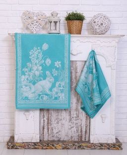 Полотенце жаккардовое Премиум Пасхальный кролик-мятный 50*70 см.