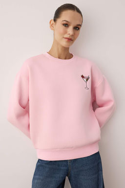 Ac?k Pembe Animal Nak?sl? Regular/Normal Kal?p Kal?n Ici Polarl? Orme Sweatshirt TWOAW24SW00196
