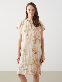 Ka??k Yaka ?i?ekli A Kesim Keten G?r?n?ml? Elbise