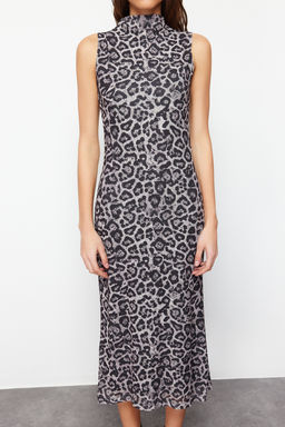 TRENDYOLMILLA Antrasit Dokulu Dik Yaka S?f?r Kol Esnek Orme Midi Kalem Elbise TWOSS24EL00678  фото 9