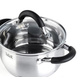 Кастрюля из нержавеющей стали Шелборн 1,5л, д16см, h8см, s0,6мм, дно s2,8мм, стеклянная жаропрочная крышка, стальной обод, пароотвод, силиконовые вставки черного цвета, капсулированное дно, полировка внешняя - матовая, внутренняя - зеркальная, мерн - Домашняя мода фото 3