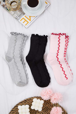 Siyah-Pembe-Gri 3lu Serit ve Lastik Agz? Marul Detayl? Jakar Orme Corap THMAW26CO00015