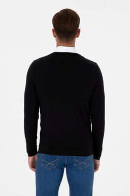 Erkek Slim Fit V Yaka Siyah Basic Kazak