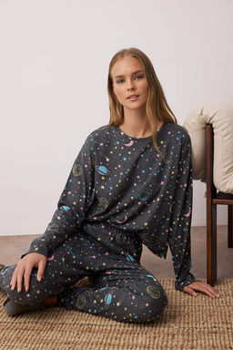 Trendyolmilla Lacivert %100 Pamuklu Galaksi Desenli Orme Pijama Tak?m? THMAW21PT0794  фото 15