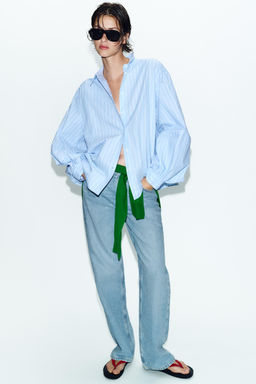 CAMISA RAYAS MANGA ABULLONADA / Azulina