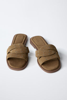 CROSS-STRAP FLAT SPLIT SUEDE SANDALS - Zara фото 4