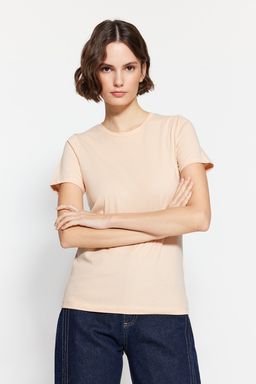 Lacivert-Bej %100 Pamuk 2li Paket Basic Bisiklet Yaka Orme T-Shirt TWOSS20TS0141