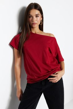 K?rm?z? %100 Pamuk Oversize/Genis Kal?p Kay?k Yaka Orme T-Shirt TWOSS20TS0140