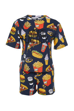 Trendyolmilla Lacivert-Cok Renkli Slogan Nak?sl? Sortlu Orme Pijama Tak?m? THMSS24PT00104