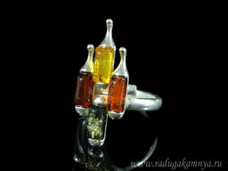 Кольцо с янтарём в посеребрении ромб 12*29мм лимонный. зеленый, коньячный